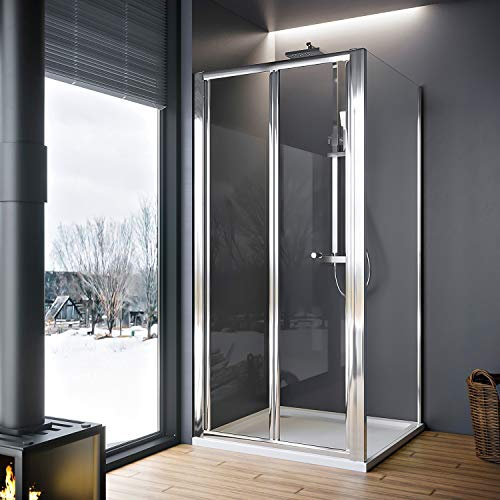 ELEGANT 700 x 900 mm Bifold Glass Shower Enclosure Reversible Folding Cubicle Door with Stone Tray + Waste Set