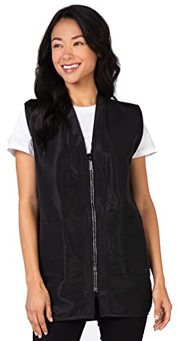Betty Dain Glitz Rhinestone Zipper Salon Stylist Vest, Rhinestone Closure and Iridescent Fabric, V-Neckline, Adjustable Belt, Pockets with Zippered Bottoms, Water Resistant Lightweight, Black, XL