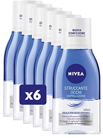 NIVEA Struccante Occhi Doppia Azione in Confezione da 6 x 125 ml, Struccante Bifasico con Estratti di Fiordaliso per pulizia viso, Detergente Struccante Adatto al Trucco Waterproof