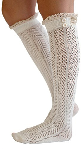 The Original Button Boot Socks with Lace Trim Boutique Socks by Modern Boho, Ivory, One Size