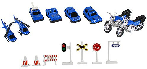com-four® 15-teiliges Polizei-Autoset mit Hubschrauber, Motorrad und Straßenschilder für Kinder zum Spielen und Sammeln (15-teilig - Polizei)