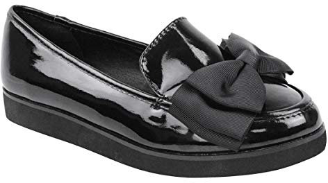 Ladies Womens Girls Flat Dolly Dollie Ballet Ballerina Creepers Chunky Wedge Platforms Work School Shoes Size (UK 4 / EU 37 / US 6, Black Patent Faux Leather PU)