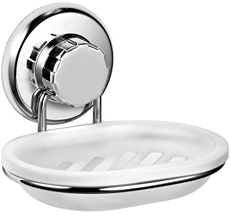 Vacuum Suction Cup Soap Dish Holder by Hasko Accessories – Strong Stainless Steel Sponge Holder for Bathroom & Kitchen - Soap Caddy Can be Mounted on Any Clean Flat Smooth Surface – (Chrome)