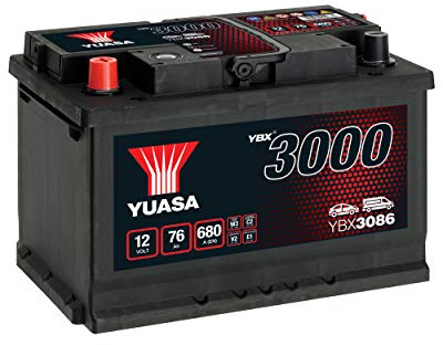 Yuasa YBX3086 12V 76Ah 680CCA bilbatteri | Tätat underhållsfritt, 30 000 motorstartar, rullsäkert lock, fulladdat och redo att passa