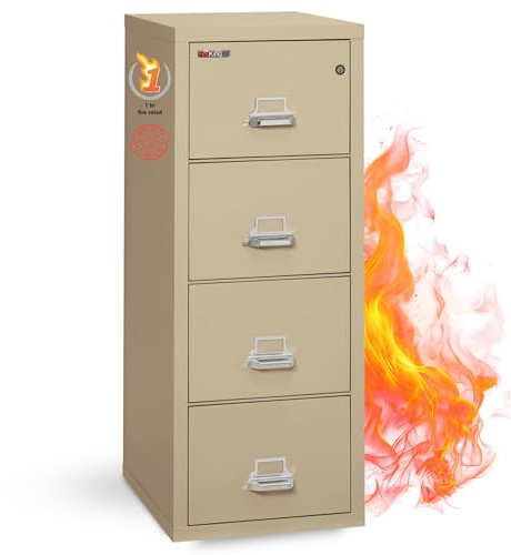 FireKing Fireproof Vertical File Cabinet (4 Letter Sized Drawers, Impact Resistant, Water Resistant), 52.25 H Parchment, 18 W x 25 D, (41825CPA)