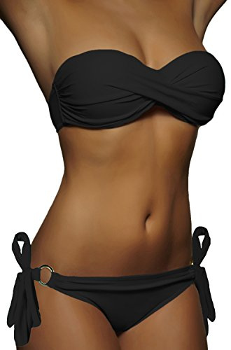 Bandeau Bikini Set ALZORA Push Up sexy costume da bagno da donna anelli scelta, 10227 nero