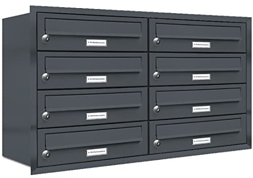 AL Briefkastensysteme, 8er Unterputzbriefkasten in Anthrazit Grau RAL 7016, 8 Fach wetterfeste Briefkastenanlage Design modern