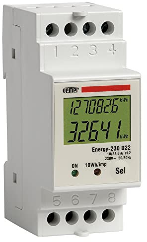VEMER VE044400 ENERGY-230 D22 - Contador de energía eléctrica para Sistemas monofásicos, Medidor de Consumo de Energía con Pantalla LCD, Instalación en Barra DIN, Blanco