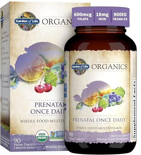 Garden of Life Prenatal Vitamins for Women, Organics Folate for Energy & Healthy Fetal Development, Non-constipating Iron, Vitamin C, B6, B12, D3, Non-GMO, Gluten-Free, Vegan, 90 Day Supply