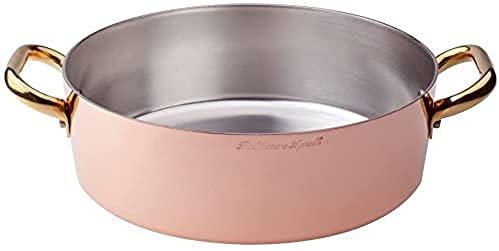 Pentole Agnelli ALCU10624 Casseruola Bassa in Rame con 2 Maniglie in ottone, Rame liscio stagnato a mano, 24 cm
