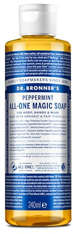 Dr Bronner's 18-in-1 Peppermint Pure-Castile Liquid Soap, Made with Organic Oils, Used for Face, Body, Hair, Laundry, Pets and Dishes, Certified Fair Trade & Vegan Friendly, 237ml Recycled Bottle