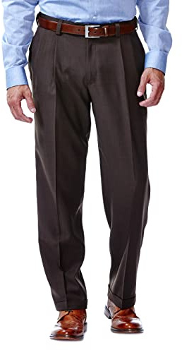 Haggar Men's E-Clo Repreve Classic Fit Pleat Front Dress Pant with Hidden Expandable Waistband Brown 38W x 30L