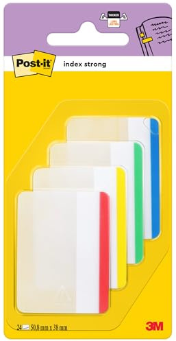 Post-it Index Strong Ablagetabs, Groß - 24 Haftstreifen 50.8 mm x 38.1 mm - Farben: Blau, Gelb, Grün, Rot- Extrastarke Haftstreifen für Dokumente und Informationen