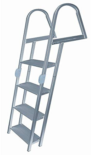 JIF Marine Folding Dock Step Ladder – 4-Step Aluminum Ladder with Angled Anti-Skid Steps, Fold-Up Storage, J-Hook Mounting Hardware Included – 300 lb Capacity