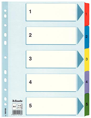 Esselte 100160 A4 1-5 Index, Heavy Duty Cardboard with Mylar Reinforced Tabs, Blue/Multicolour