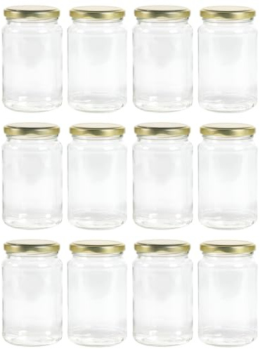 Nutley's 370ml Round Glass Jam Pickle Chutney Jar with Twist-Off Gold Lids 3/4lb (Pack of 12)