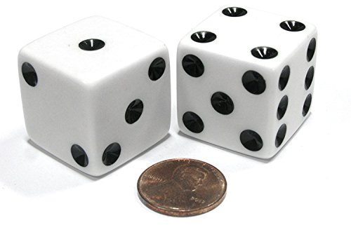 Set of 2 D6 25mm Large Opaque Jumbo Dice - White with Black Pips