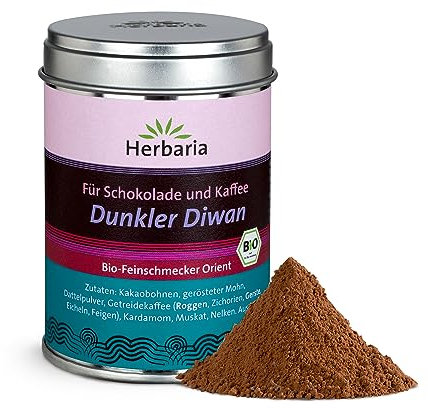 Herbaria Dunkler Diwan bio 70g M-Dose – fertige Bio-Gewürzmischung für Schoko-Desserts und als Topping für Tiramisu & Kaffeespezialitäten wie Cappuccino – in nachhaltiger Aromaschutz-Dose