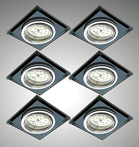 Trango 6er Set Design LED Einbaustrahler 6736S-06B I Einbauleuchten I Deckenstrahler I Strahler aus schwarzem Glas inkl. 6x 3 Watt GU10 LED Leuchtmittel I direkt 230V I Deckenspots I Einbauspots