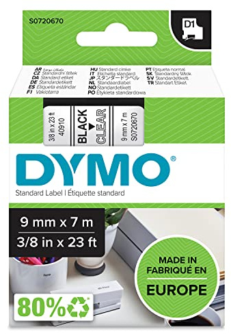 DYMO Authentic D1 Labels | Black Print on Clear Tape | 9 mm x 7 m | Self-Adhesive Labels for LabelManager Label Makers | Made in Europe