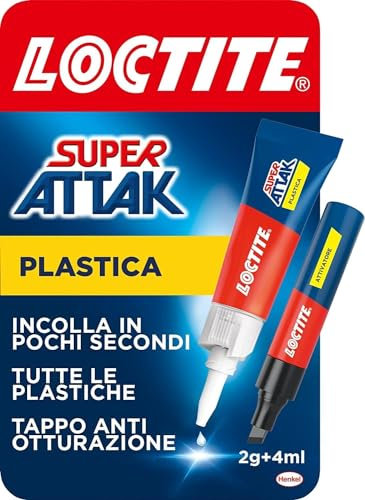Loctite Super Attak Plastica, Colla per plastica istantanea, Adesivo liquido trasparente specifico per tutti i tipi di plastica, Colla cianoacrilica con attivatore, 2g+4ml