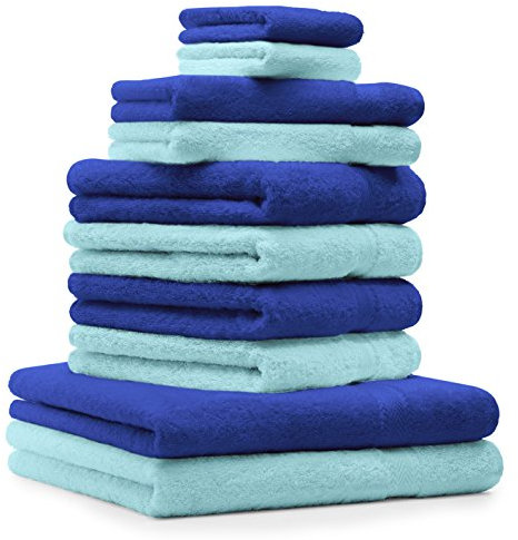 Betz 10-TLG. Handtuch-Set Premium 100% Baumwolle 2 Duschtücher 4 Handtücher 2 Gästetücher 2 Waschhandschuhe Farbe Royal Blau & Türkis
