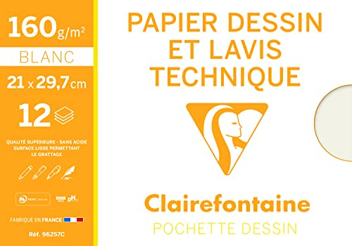 Clairefontaine 96257C - Pochette Dessin Scolaire - 12 Feuilles Papier Dessin Blanc Lisse - A4 21x29,7 cm 160g - Idéal pour le Dessin Technique et le Lavis