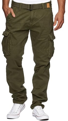 Indicode Herren William Cargohose aus Baumwolle m. 7 Taschen inkl. Gürtel | Outdoorhose Army, S