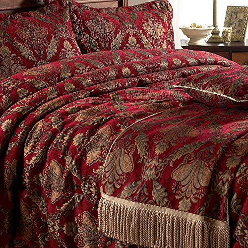 Shiraz Throw Bed Runner - Burgundy Red and Gold - Embroidered Damask Jacquard - Gold Twisted Loop Fringing - Non-Slip Lining - 100% Polyester - 130 x 170cm (51 x 67 inches) - Made by Riva Paoletti