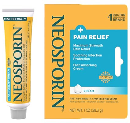 Neosporin + Maximum-Strength Pain Relief Dual Action Cream, First Aid Topical Antibiotic and Analgesic Cream for Soothing Infection Protection & Wound Care of Minor Cuts, Scrapes & Burns, 1 oz