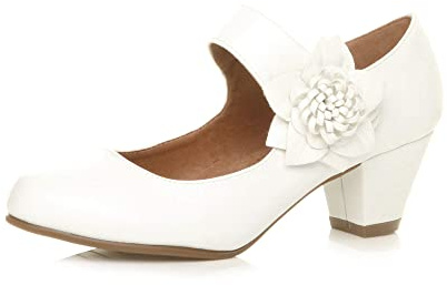 Ajvani, kvinnor, damer, låg block, kitten heel-klack, Mary Jane stil, blomma, läderfodrade arbetsskor, pumps, storlek., Vitt, 39 EU