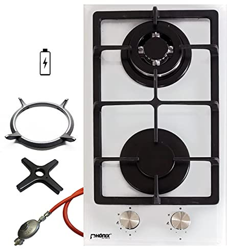 Phönix Domino Plaque de cuisson à gaz encastrable en verre blanc 2 feux autonomes Réchaud de camping gaz propane/gaz naturel avec kit de régulateur de tuyau de gaz, embout wok en fonte + croix de