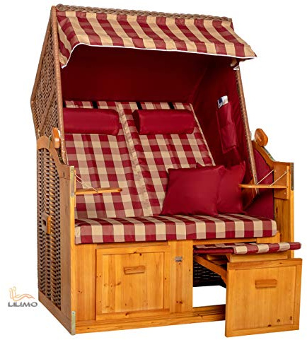 LILIMO Strandkorb Ostsee | Variante B in Bordeaux | Geflecht Natur | Inkl. Schutzhülle | 2-Sitzer Ideal für Garten Terrasse und Balkon