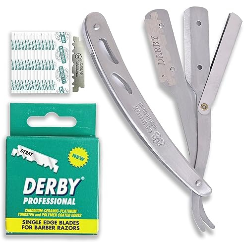 Equinox Professional Straight Edge Razor with 100 Single Derby Blades 100% Stainless Steel Razor and Blades - Close Shaving Men's Manual Shaver - Disposable Blades -Barber Straight Razor Kit - Silver