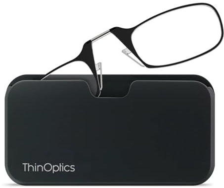 ThinOptics Reading Glasses 1.00 Black Frames With Universal Pod Compact Case - Ultra-light Foldable Rectangular Glasses - Clip-on Nose - 1.00 Strength With Flex-Fit Technology
