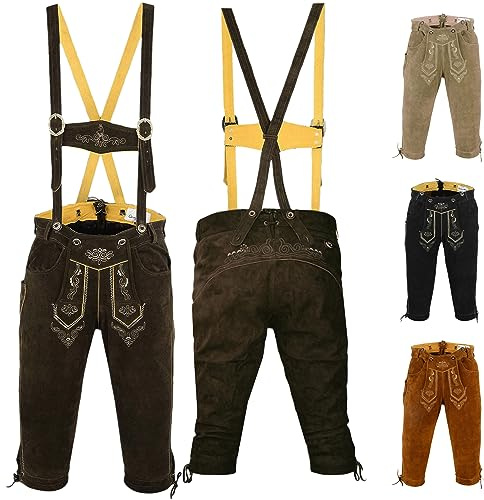 German Wear Pantaloni in pelle per costume tradizionale bavarese con bretelle, marrone scuro., 60