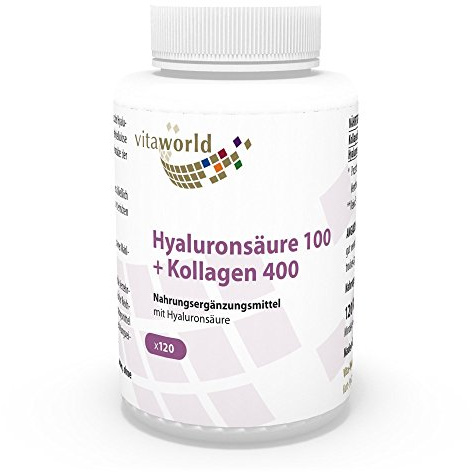 Vita World Acide hyaluronique 100mg + collagène 400mg 120 Capsules 100% végétal Biofermentation Made in Germany
