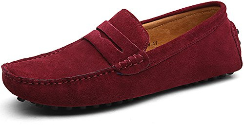 Jamron Män Mocka Läder Penny Loafers Mockasin Tofflor Bourgogne EU44