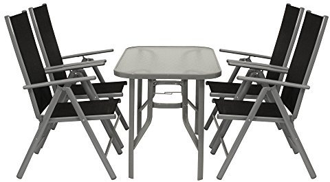 DEGAMO Garnitur Ravenna 5-teilig, 4X Alu Klappsessel mehrfach verstellbar schwarz, 1x Glastisch 70x120cm, Outdoor