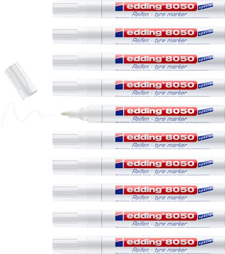 edding 8050 marqueur pour pneus - blanc - 10 stylos - pointe ogive 2-4 mm - pour le marquage des pneus et autres surfaces en caoutchouc, utilisation intérieure et extérieure, résistant à l'eau