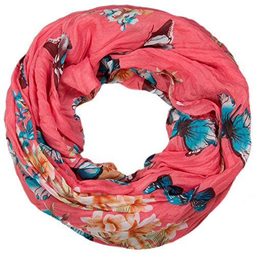 styleBREAKER Écharpe tube pour femmes avec imprimé coloré de papillons et de fleurs, écharpe froissée et plissée, foulard 01016013, couleur:Corail