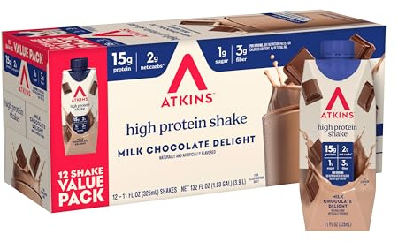 Atkins Milk Chocolate Delight High Protein Shake, 15g Protein, 2g Net Carb, 1g Sugar, Keto Friendly, Chocolate Flavored Protein Shakes, 12 Count