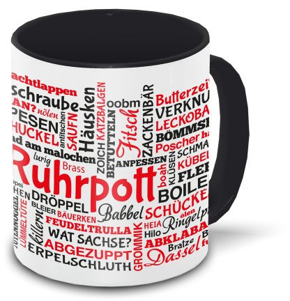 Ruhrpott-Tasse Tagcloud - weiß/schwarz - Tasse mit typischen Wörtern im Ruhrpott Dialekt | Keramik-Tasse mit 330 ml Inhalt