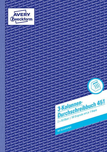 AVERY Zweckform 451 Kolonnen-Durchschreibbuch 3 Kolonnen (A4, mit 1 Blatt Blaupapier, Spaltenbuch, Geschäftsbuch, für Deutschland und Österreich zum Erstellen von Original und Kopie, 2x50 Blatt) weiß