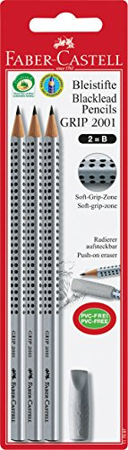 FABER-CASTELL 117097 - Bleistift GRIP 2001, Härtegrad B, 3er Packung mit einem Radierer