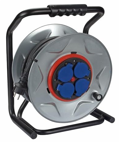 Perel Professionelle Kabeltrommel, Kabelrolle Außenbereich, Verlängerungskabel, Stromtrommel, 4 Steckdosen Typ E mit Klappdeckel, Anti-Twist-System, 40 m, 3G2.5, grau/schwarz