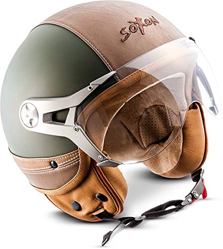 SOXON® SP-325 Urban „Green“ · Jet-Helm · Motorrad-Helm Roller-Helm Scooter-Helm Moped Mofa-Helm Chopper Retro Vespa Vintage · ECE 22.05 Visier Leather-Design Schnellverschluss Tasche XL (61-62cm)