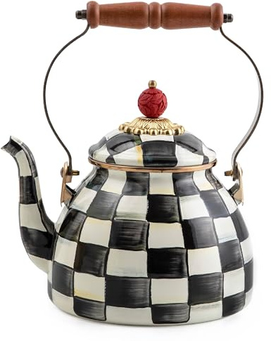 MACKENZIE-CHILDS Enamel Tea Kettle, Stylish Tea Kettle for Stovetop, Black-and-White Courtly Check, 2 Quarts