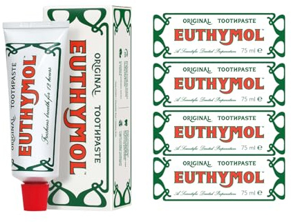 Euthymol Dentifricio Originale 75 ml x 4, senza fluoro, antiplacca, antibatterico, protezione dalla carie, denti e gengive puliti e sani, fresca menta rinfrescante