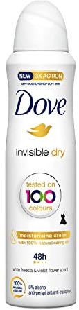 Dove Antiperspirant Deo Spray för effektivt skydd mot svett och vita fläckar Invisible Dry är bevisad att inte lämna vita fläckar på dina kläder – testad på 100 färger 150 ML